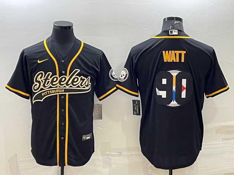 Mens Pittsburgh Steelers #90 TJ Watt Black Team Big Logo With Patch Cool Base Stitched Baseball Jersey->pittsburgh steelers->NFL Jersey